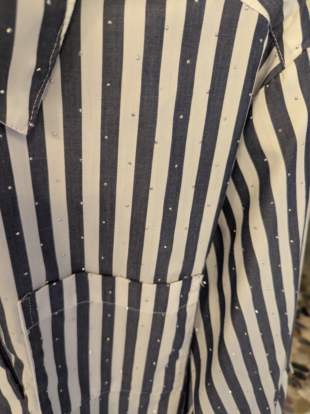 Striped Gray/Navy and White Ladies' Shirt with Stud Detail